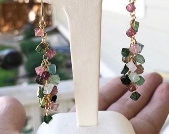 Tourmaline Earrings, Chandelier Earrings, Multicolored Colored Gemstones, Waterfall Earrings, Pink Tourmaline, Natures Splendour