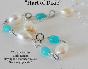 Worn On TV Hart Of Dixie Peruvian Amazonite Gemstones Pearl Necklace Beach Wedding Jewelry Natures Splendour Jewelry
