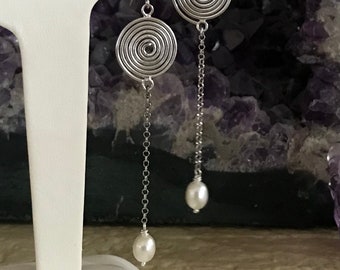 Coiled Sterling Silver Pearl Earrings: Long Dangle Earrings