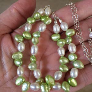 Green Pearl, Creamy White Pearl, Cultured Freshwater Pearl Necklace, Two Strand Necklace, Lime Green Pearls, Natures Splendour, image 4