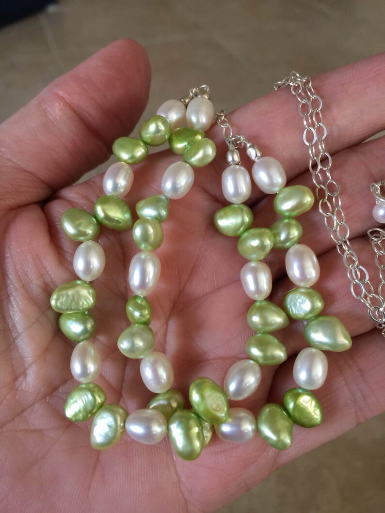 Green Pearl, Creamy White Pearl, Cultured Freshwater Pearl Necklace, Two Strand Necklace, Lime Green Pearls, Natures Splendour, image 4