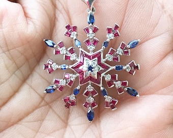 Ruby Sapphire Diamond Snowflake Pendant: 18kt White Gold, Sterling Silver Chain