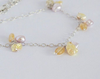 Cluster Gemstone Necklace, Pearl Gemstone Necklace, Modern Pearl Necklace, Keshi Pearls, Citrine Gemstones, Pink Pearls, Yellow Pearls