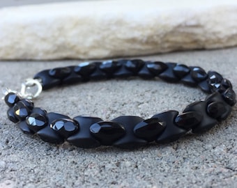 Black beaded  Bracelet: Designer Cut Gemstone, Unisex Edgy Jewelry