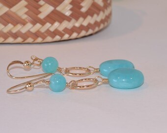 Peruvian Amazonite, Dangle Earrings, 14 kt gold filled, Caribbean Blue