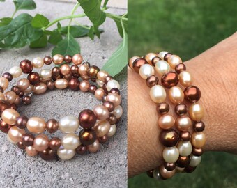 Pearl Bracelet, Brown Pearls, Cuff Bracelet, Memory Wire Bracelet, Natures Splendour, Mothers Gift