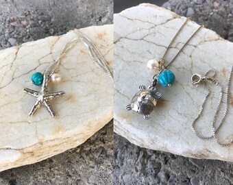 Starfish Pendant , Turtle Pendant, Turquoise Necklace, Beach Necklace, Beach Wedding, Surfer Necklace