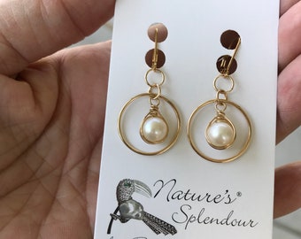 Freshwater Pearl Hoop Earrings: 14kt Gold Filled Wire Wrapped