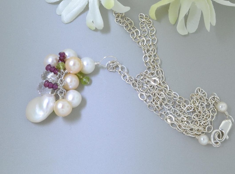 Colored Pearl Necklace Garnet Necklace Cluster Pendant Pearls and Gemstones Pendant Peridot Necklace Topaz Necklace June Jewelry