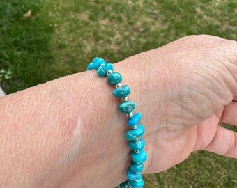 Sleeping Beauty Turquoise Stretch Bracelet: Sterling Silver Beads, 7 inch