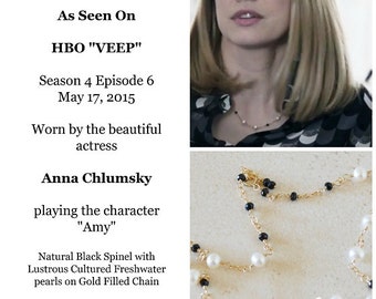 Worn On HBO VEEP Tin Cup Pearl Black Spinel Necklace Black and White Necklace