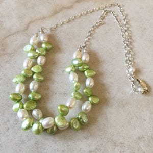 Green Pearl, Creamy White Pearl, Cultured Freshwater Pearl Necklace, Two Strand Necklace, Lime Green Pearls, Natures Splendour, image 5