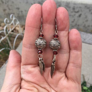 Feather Earrings, Silver Feather Earrings, Bali Beaded Earrings, Long Earrings,Dangle Earrings, Natures Splendour image 2