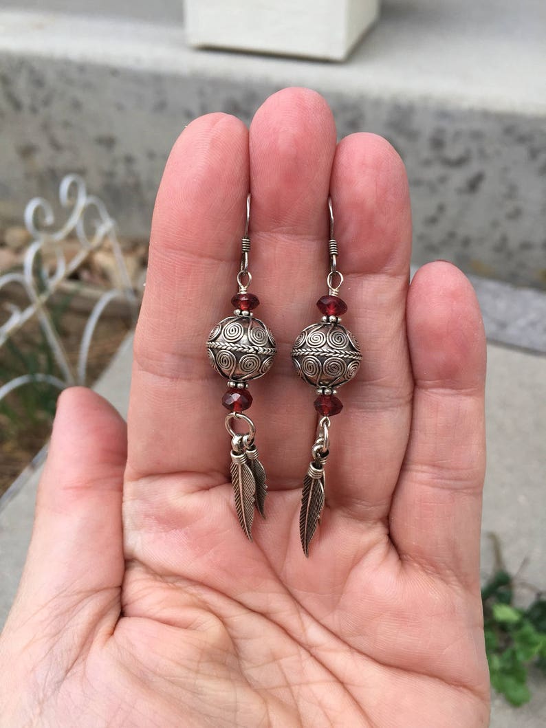 Feather Earrings, Silver Feather Earrings, Bali Beaded Earrings, Long Earrings,Dangle Earrings, Natures Splendour image 2