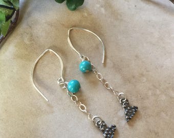 Turquoise Earrings - Long Earrings - Artisan Heart Charm Dangle Earrings - Chain Earrings - Blue Earrings - Natures Splendour - Minimalist