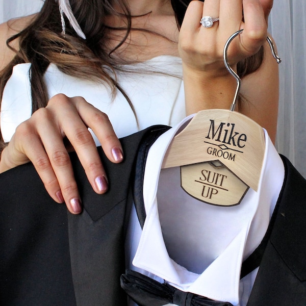 Groom Hanger, Groomsman Hanger, Suit Up, Personalized, Best Man, Pants Hanger, Engraved Wood, Tuxedo, Wedding Photo Prop