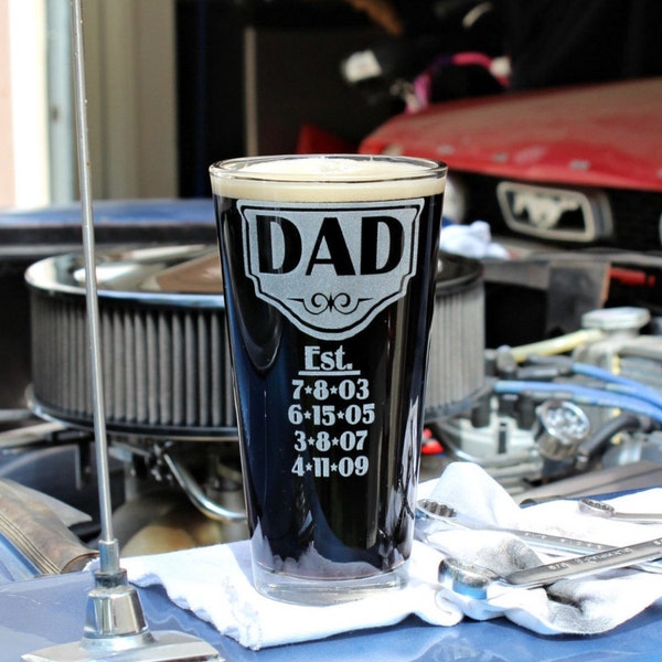 Personalized Dad Glass, Fathers Day 2021, Dad Beer Mug w/his kid's birth dates, Dad Gift, Papa, Grandpa, New Dad, First Fathers Day