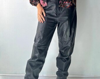 Femme Pantalon en cuir véritable Jean taille haute en cuir Pantalon en cuir vintage Coupe décontractée Pantalon en cuir Jambe droite