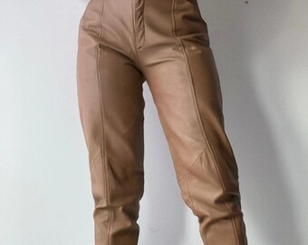 Pantalon en cuir véritable pour femme, jean taille haute en cuir, pantalon en cuir marron slim fit de style vintage, pantalon en cuir véritable jambe droite