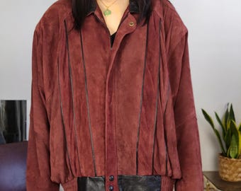Vintage Women's Suede Bomber Jacket  – Red Suede Bomber Jacket With Black Leather Collar & Leather Vertical Piping - 1980s  Suede Jacket