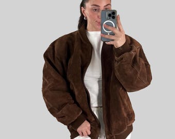 Vintage Brown Suede Bomber Jacket |  Oversized Casual Jacket for Women | 70s Suede Retro Coat with Ribbed Trim Casual Streetwear