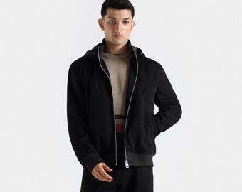 1990's Men’s  Suede Bomber Jacket With Detachable Hooded - Vintage Style Black Suede Leather Jacket