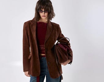 Women's 90s Brown Suede Blazer | Classic Retro Genuine Suede Leather Jacket | Vintage Minimalist Outerwear Coat