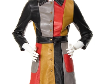 Vintage Patchwork Leather Coat - Women's Color Block Retro Jacket