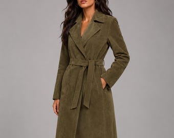 Vintage Green Suede Trench Coat Women | Real Leather Midi Winter Coat | Boho 70s Outerwear | Belted Moss Green Jacket One of a Kind