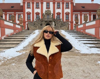 Women's Vintage Brown Suede Shearling Vest | 70s Faux Fur Boho Waistcoat | Gift For Her