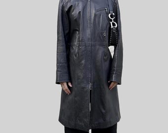 Women's Black Real Leather Trench Coat - Vintage Long  Leather Coat -  1990s Real Leather Long Moto-Inspired Zip-Up Coat For Women