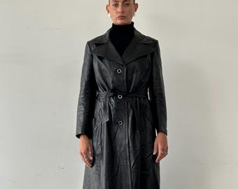 Vintage Women Black 90s Style Leather Elegant Minimalist Outerwear Coat | Gift For Her