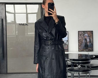 Vintage Women Black Leather Coat | 1960s Double Breasted Coat |  Genuine Long Overcoat