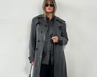 Women Black Leather Trench Long Elegant Winter Outerwear Minimalist Fashion Statement Coat Gift For Her
