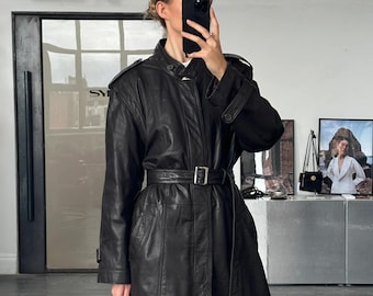 Long manteau vintage en cuir véritable noir des années 50 pour femmes, vêtements d'extérieur ceinturés | Cadeau pour elle