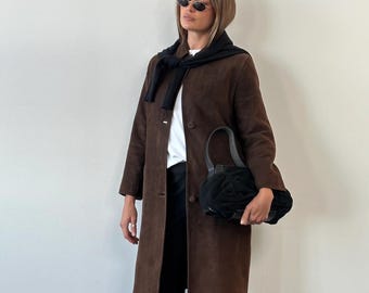 Vintage Women Brown Genuine Suede Trench Coat | 80s Long Leather Outerwear | Gift For Her