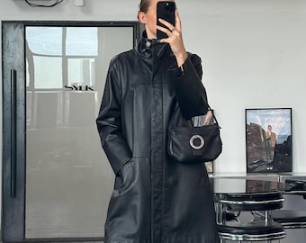 Manteau long noir en cuir véritable pour femme - Trench minimaliste en cuir - Vêtements d'extérieur automne-hiver modernes