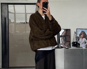 Blouson aviateur vintage en daim marron pour femme - Veste zippée des années 90 - Cadeau pour elle