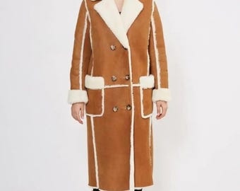 Vintage Brown Shearling Coat | Women's Suede Shearling Long Coat | 70s Boho Faux Fur Winter Coat