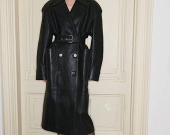 Women's Vintage Black Leather Coat | 90s Belted Double Breasted Leather Trench Coat | Sheepskin Long Leather Overcoat