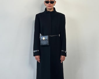 Manteau en laine noir pour femme Long manteau minimaliste Manteau d'hiver 100 % laine avec ceinture Pardessus classique élégant manteau chaud