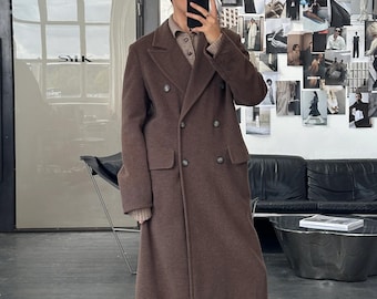 Manteau en laine marron vintage Femme | Manteau long 100 % laine | Pardessus croisé années 80 | Trench classique | Manteau d'hiver minimaliste