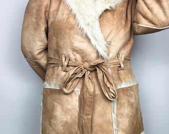 Women Penny Lane Afghan Shearling Suede Coat Boho Hippie Vintage 60s Fur Trim Jacket
