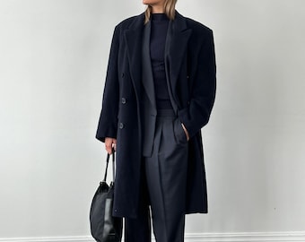 Pardessus en laine bleu vintage pour femme, long trench croisé classique des années 50, manteau d'hiver