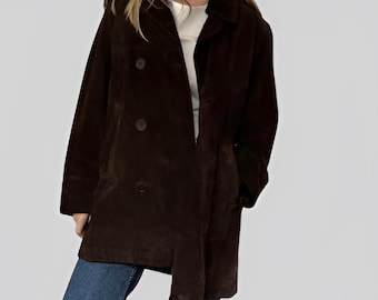 Vintage Dark Brown Suede Coat for Women - 70s Brown Trench Suede Short Coat - Genuine Double Breasted Leather Coat
