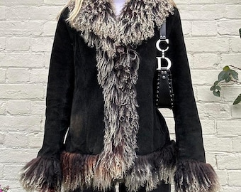 Black Penny Lane Coat – Genuine Mongolian Fur Trim Sheepskin Coat | 70s Boho Afghan-Style Shearling Jacket Almost Famous