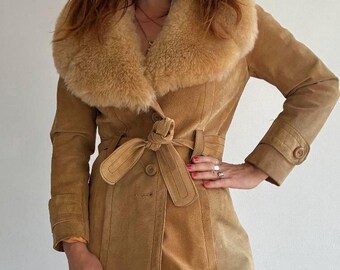 Abrigo Penny Lane para mujer / Abrigo vintage de ante y piel de oveja de los años 70 / Gabardina de piel de oveja auténtica con cuello de piel / Abrigo bohemio de invierno color camello tostado
