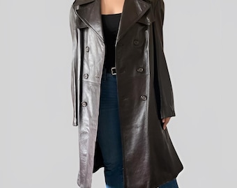 Vintage  Brown Real Leather Trench Coat - Women’s Long Genuine Leather Coat -  90s  Double Breasted Coat -  Minimalist Overcoat