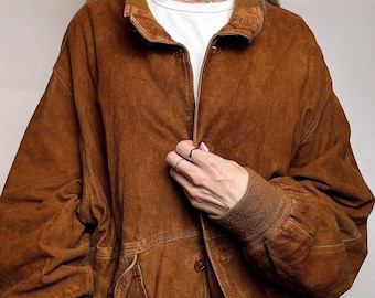 Blouson aviateur en daim marron vintage des années 90 | Blouson femme en cuir suédé véritable avec poignets côtelés | Bomber rétro de coupe classique