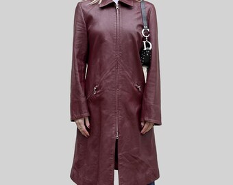 Vintage  Burgundy Real Leather Trench Coat - Women’s Long  Leather Coat -  1990s  Real Leather Zip-Up  Coat for Women